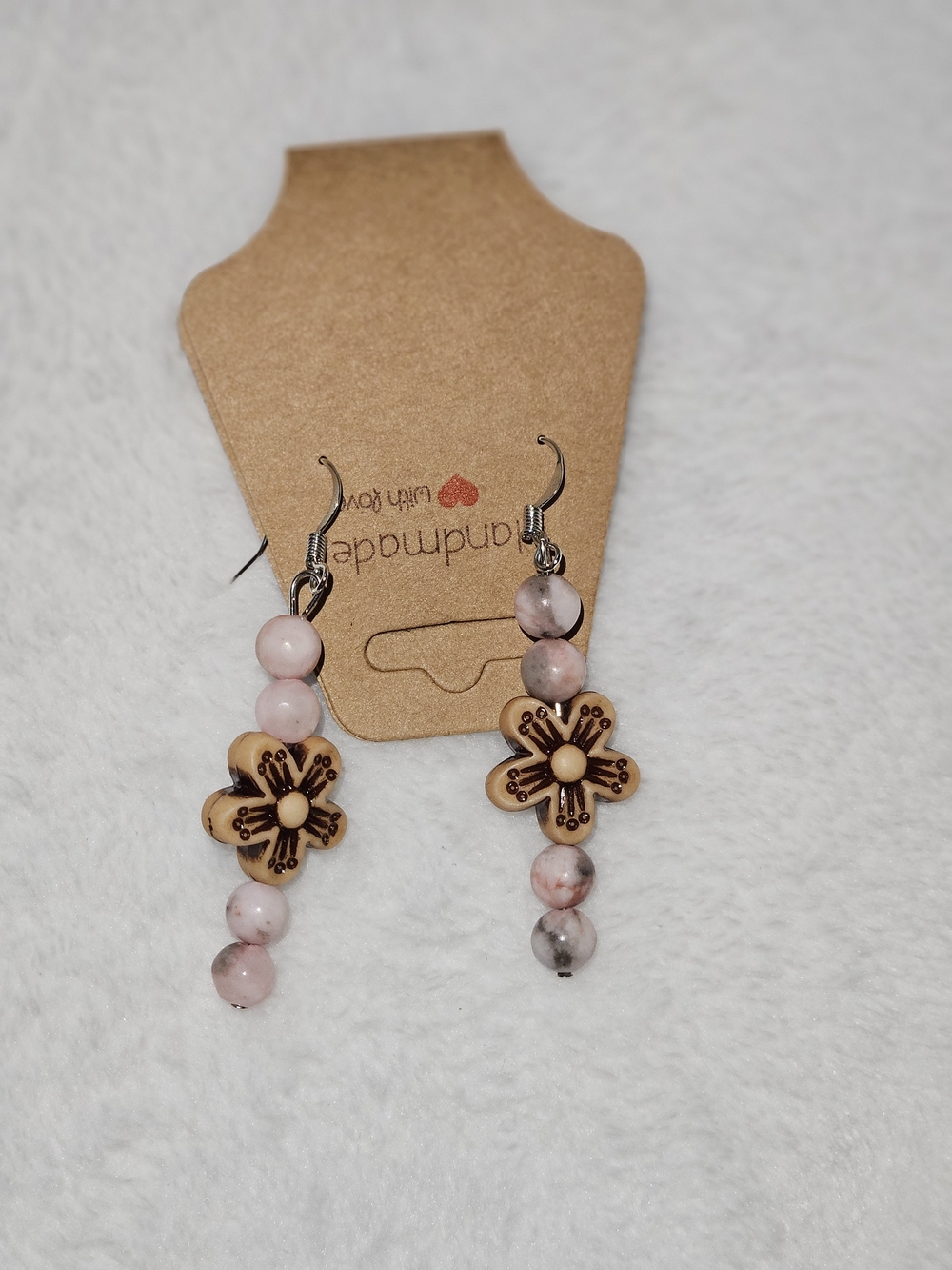 Handmade Pink Stone & Wood Flower Dangle Earrings